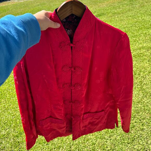 Solz Squirrel Chinese Reversible Silk Jacket Size MED Black Pink Floral GUC - Picture 12 of 13